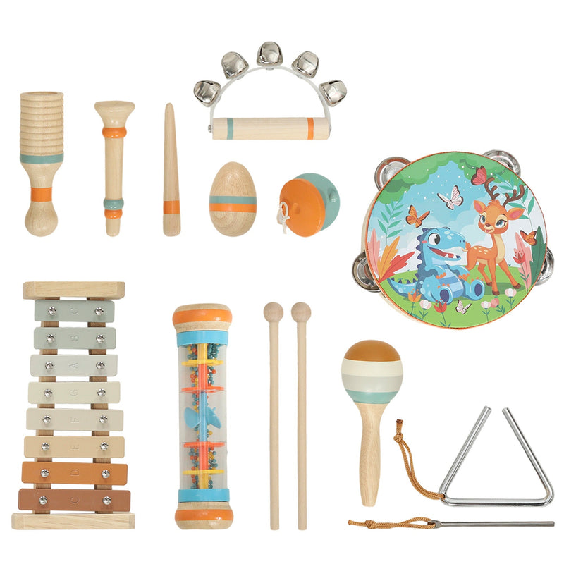 All 14 wooden instruments laid out including a xylophone, tambourine, triangle, maracas and rainmaker