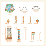Size diagram of each instrument including the 22 cm xylophone and 15 cm tambourine