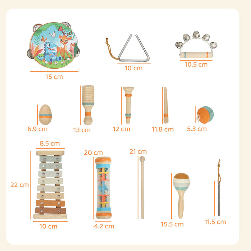Size diagram of each instrument including the 22 cm xylophone and 15 cm tambourine