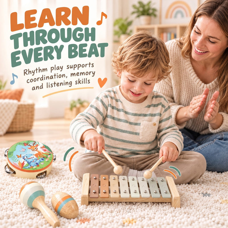 Parent and child playing instruments on a rug with text about rhythm and listening