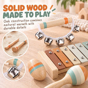 Close-up of the oak instruments, jingle bells, maraca and xylophone