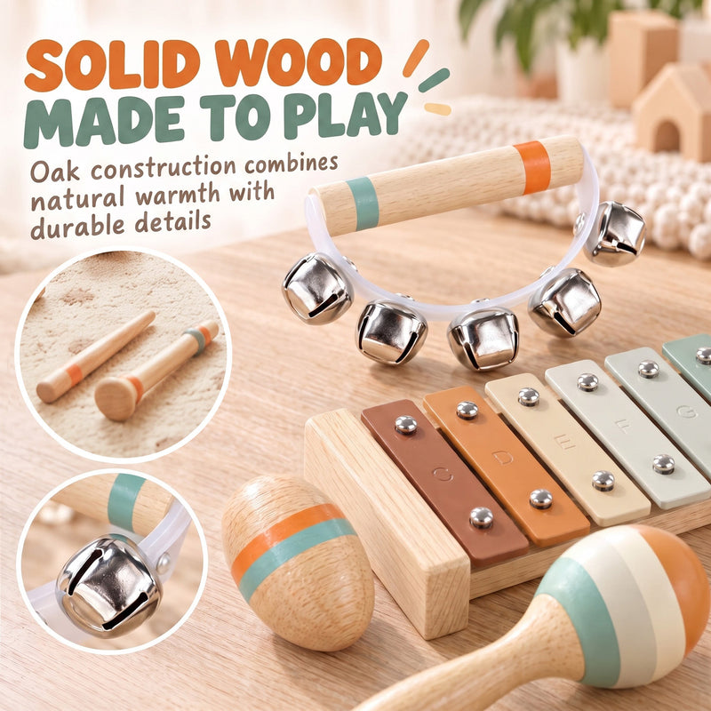Close-up of the oak instruments, jingle bells, maraca and xylophone