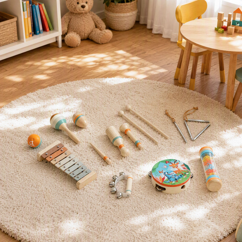 Overhead view of the instruments spread out on a cream rug