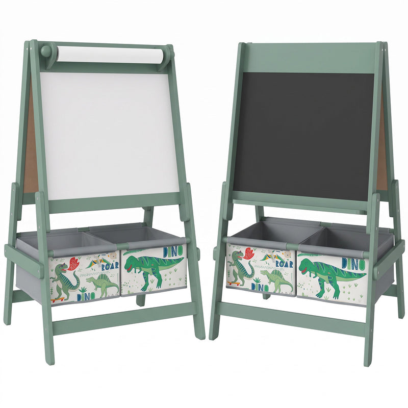 Green kids easel shown from the whiteboard side and the chalkboard side with dinosaur storage bins