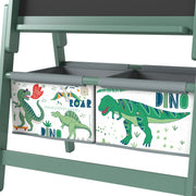 Close-up of the two dinosaur-print fabric storage bins on the green easel
