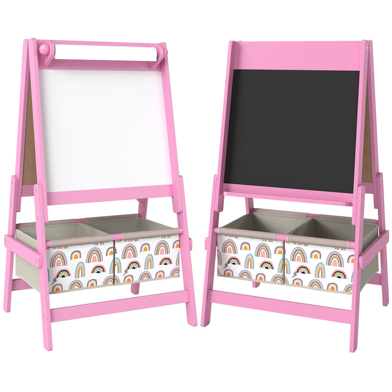Pink kids easel shown from the whiteboard side and the chalkboard side with rainbow storage bins