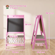 Dimensions diagram of the pink easel showing 54 x 46.5 x 94.5 cm and a 47 x 38 cm board