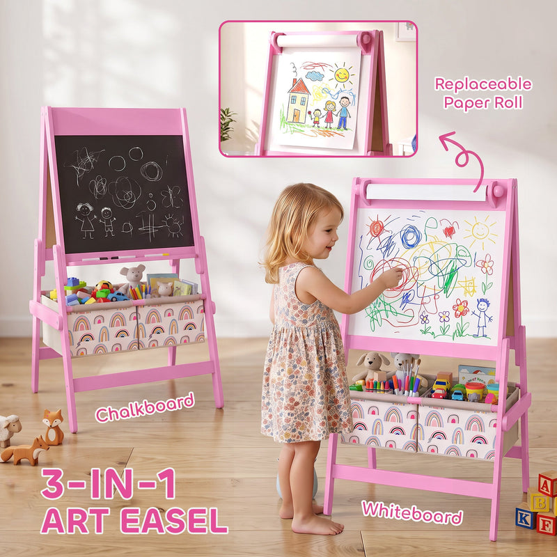 3-in-1 art easel with chalkboard, whiteboard and replaceable paper roll in pink