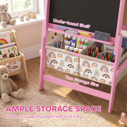 Pink easel under-board shelf and two storage bins holding paints, pencils and chalk