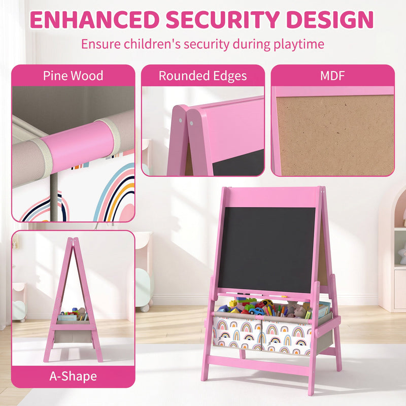Pink easel material close-ups of pine wood, rounded edges, MDF and A-shape frame