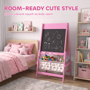 Pink kids easel in a bedroom beside a pink bed and bookshelf