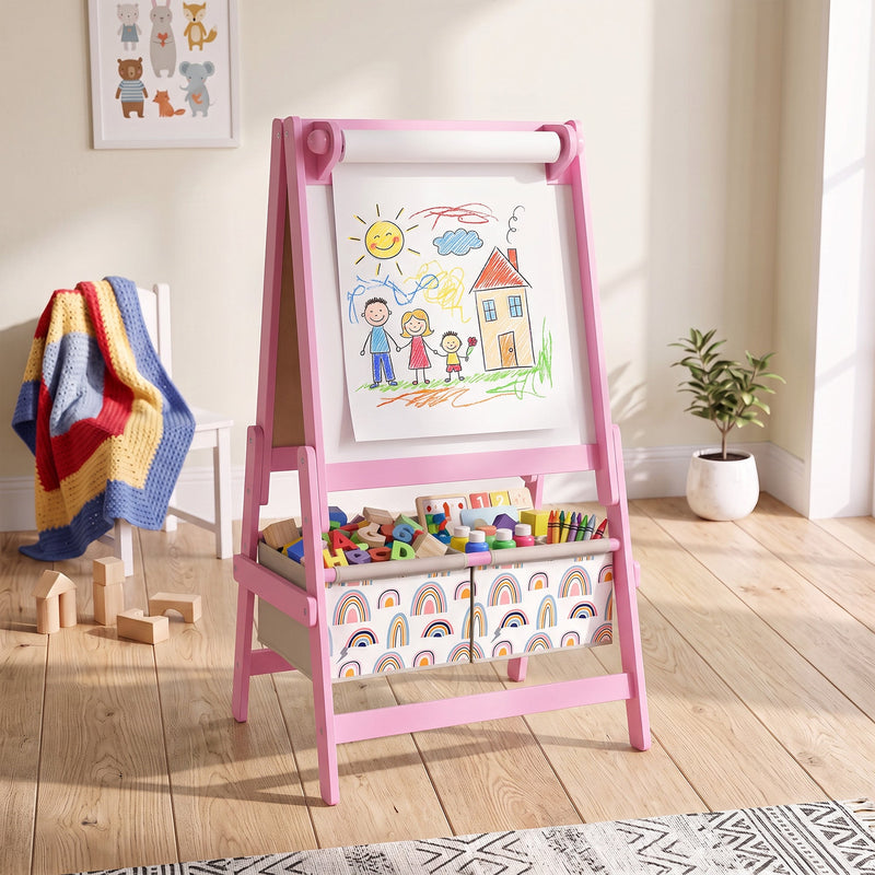 Pink easel with a child's family drawing on the paper roll