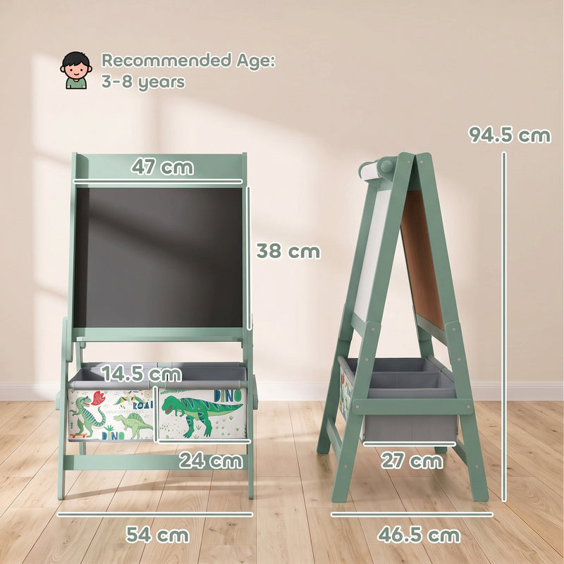 Dimensions diagram of the green easel showing 54 x 46.5 x 94.5 cm and a 47 x 38 cm board