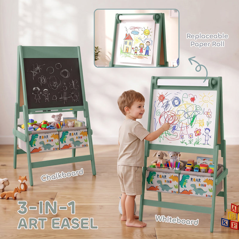 3-in-1 art easel with chalkboard, whiteboard and replaceable paper roll in green
