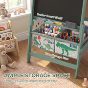 Green easel under-board shelf and two storage bins holding paints, pencils and chalk