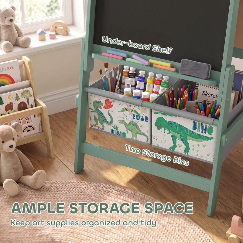 Green easel under-board shelf and two storage bins holding paints, pencils and chalk