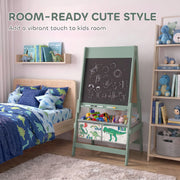 Green kids easel in a dinosaur-themed bedroom beside a bed and shelf