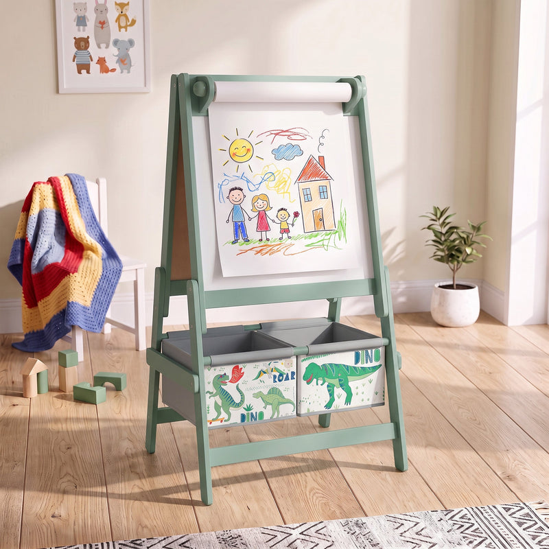 Green easel with a child's family drawing on the paper roll