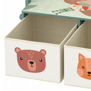 Close-up of two open bear and fox fabric drawers under the green bench seat