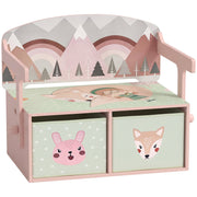 Pink kids toy box bench with bunny and fox fabric drawers and a rainbow mountain backrest