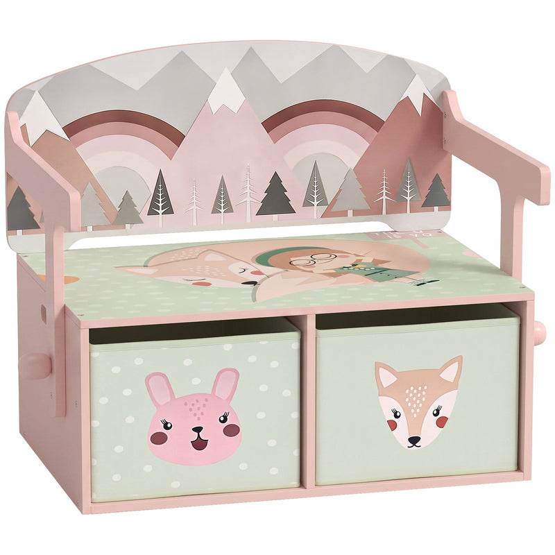 Pink kids toy box bench with bunny and fox fabric drawers and a rainbow mountain backrest