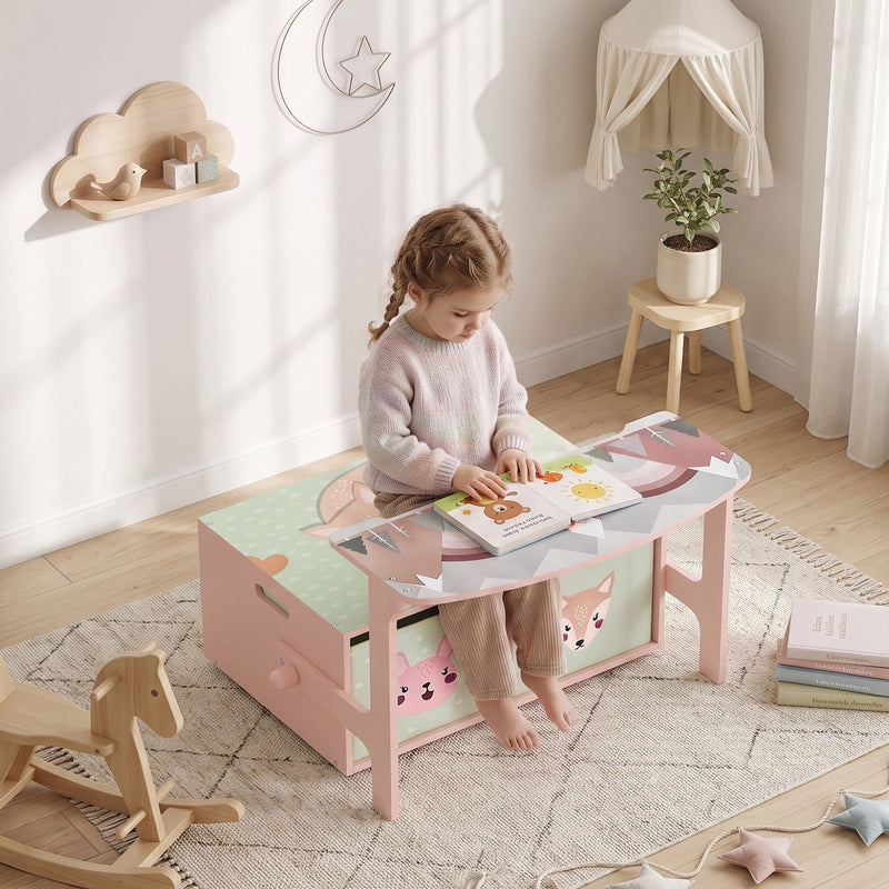 Child reading at the pink bench converted into a table in a bedroom
