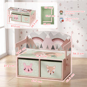 Dimensions diagram of the pink toy box bench showing 67.5 cm width, 27.2 cm seat height and 56.2 cm height