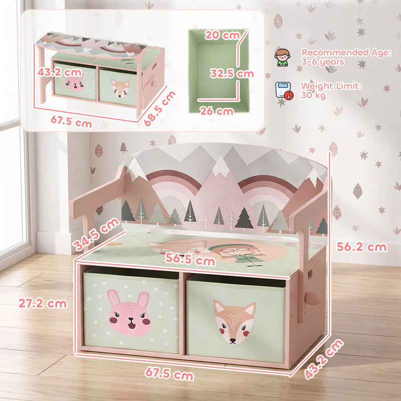Dimensions diagram of the pink toy box bench showing 67.5 cm width, 27.2 cm seat height and 56.2 cm height