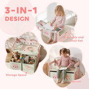 3-in-1 design collage of the pink set used as storage space, table and chair set and bench