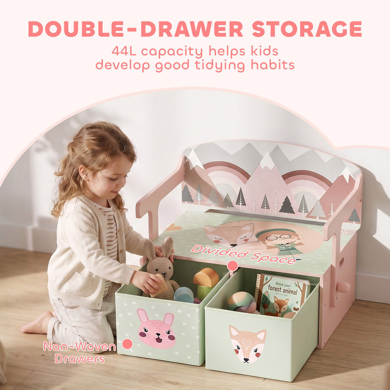 Child kneeling to take toys from the two fabric drawers of the pink bench