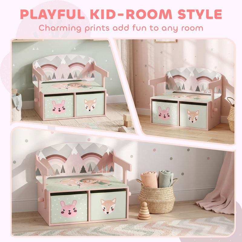Three kid-room settings showing the pink toy box bench with charming printed designs