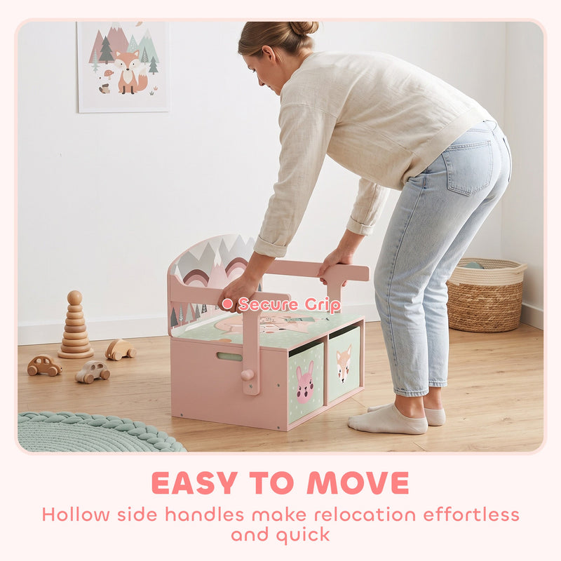 Adult lifting the pink toy box bench by its hollow side handles