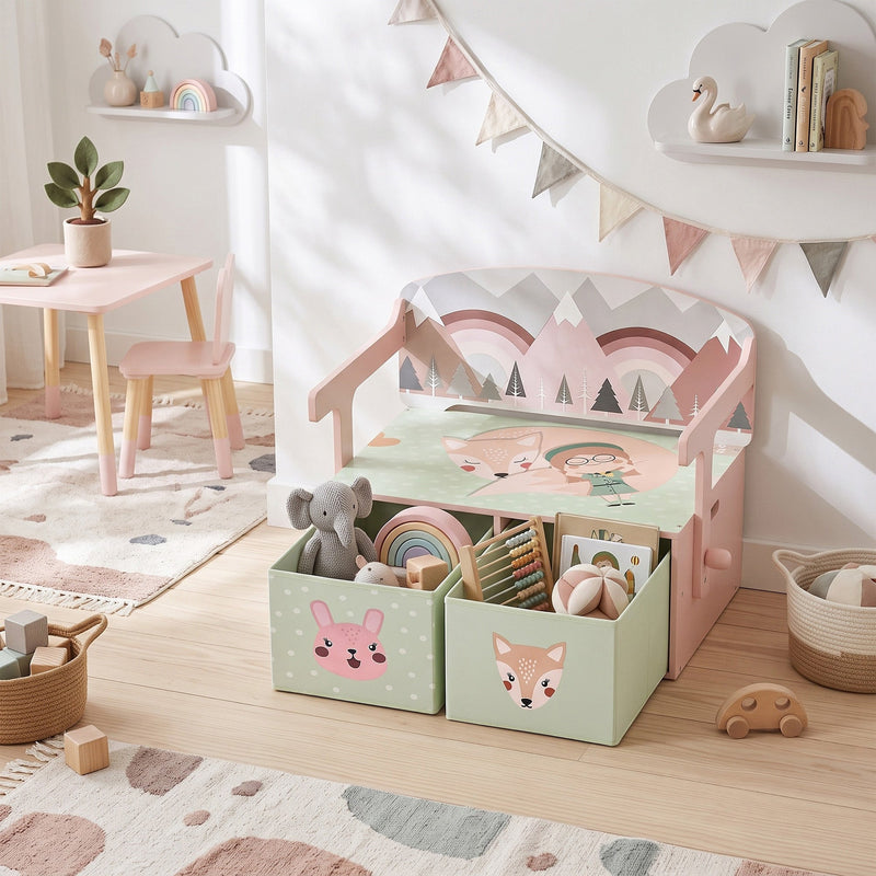 Pink toy box bench in a playroom with soft toys and blocks in the drawers