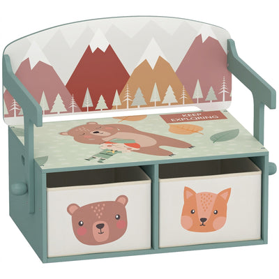 Green kids toy box bench with bear and fox fabric drawers and a mountain-print backrest