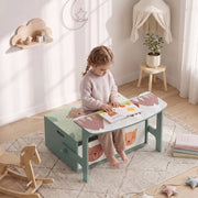 Child reading at the green bench converted into a table in a bedroom