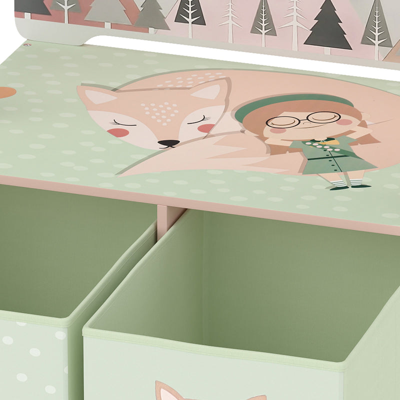 Close-up of the fox illustration on the pink bench seat above two open drawers