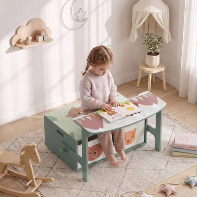 Child reading at the green bench converted into a table in a bedroom
