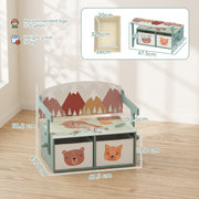 Dimensions diagram of the green toy box bench showing 67.5 cm width, 56.2 cm height and 30 kg limit