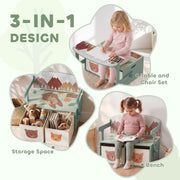 3-in-1 design collage of the green set used as storage space, table and chair set and bench