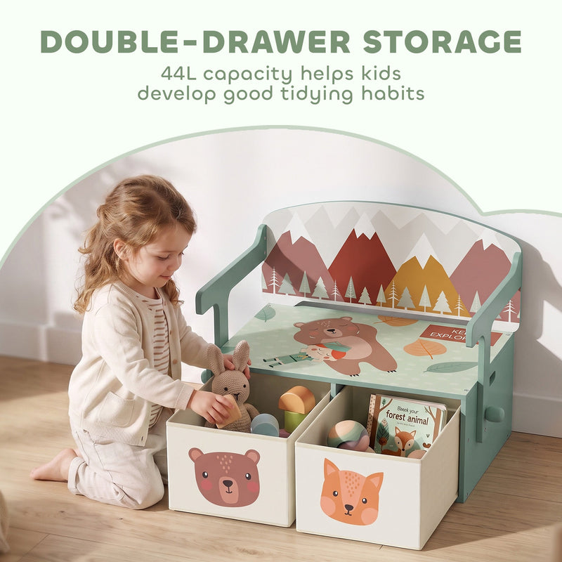 Child putting toys into the two fabric drawers of the green bench with 44 L capacity
