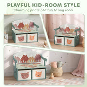 Three kid-room settings showing the green toy box bench with charming printed designs