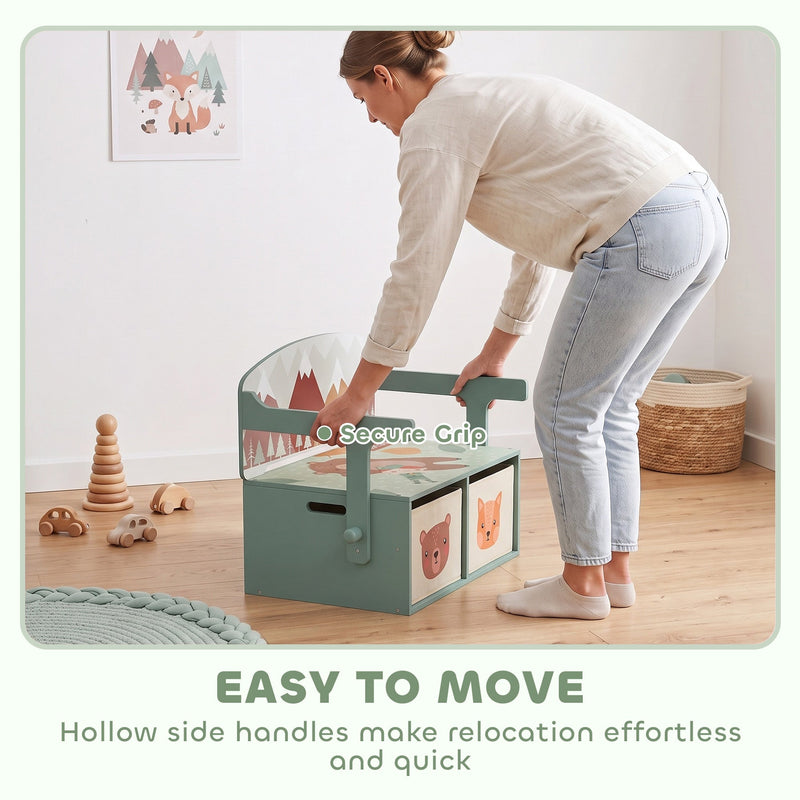 Adult lifting the green toy box bench by its hollow side handles