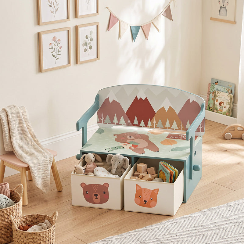 Green toy box bench in a playroom with soft toys and books in the drawers