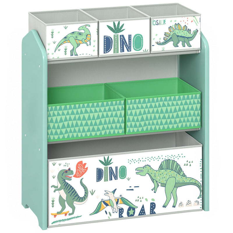 Green 3-tier kids toy storage rack with six dinosaur-print fabric bins