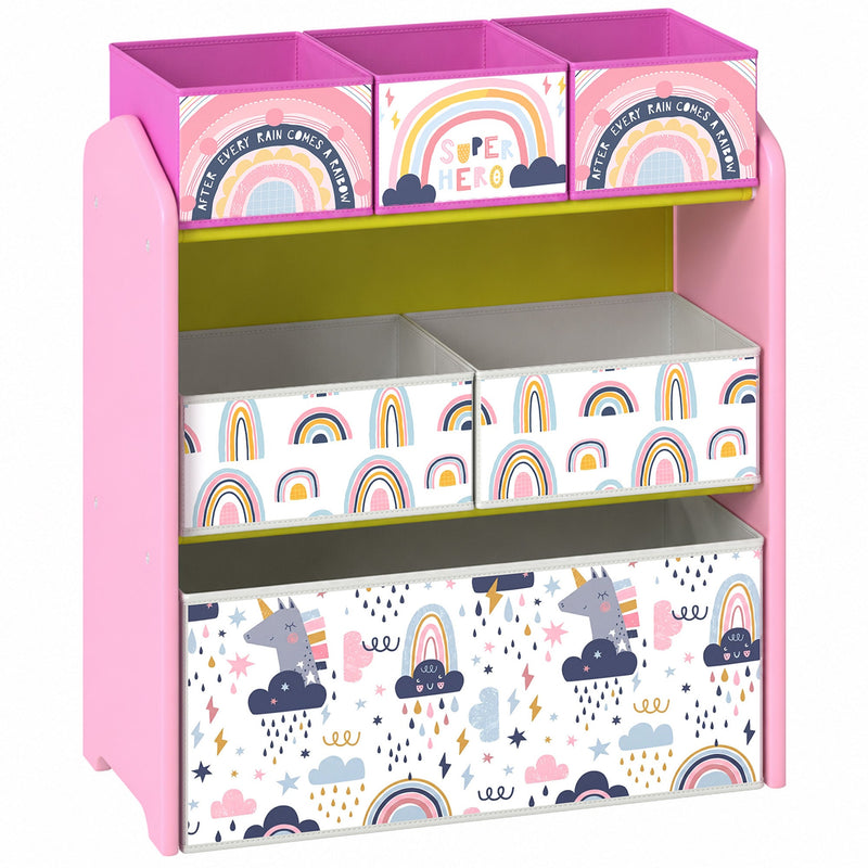 Pink 3-tier kids toy storage rack with six rainbow and unicorn-print fabric bins