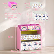 Dimensions diagram of the pink toy rack showing 60 x 30 x 66 cm, bin sizes and 5 kg limit