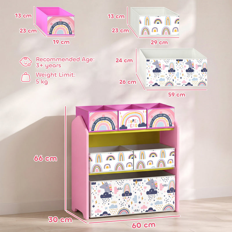 Dimensions diagram of the pink toy rack showing 60 x 30 x 66 cm, bin sizes and 5 kg limit