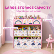Pink toy rack labelled with 3 layers and 6 fabric drawers, full of toys