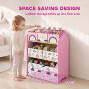 Space-saving pink toy rack showing its 60 cm width and 30 cm depth