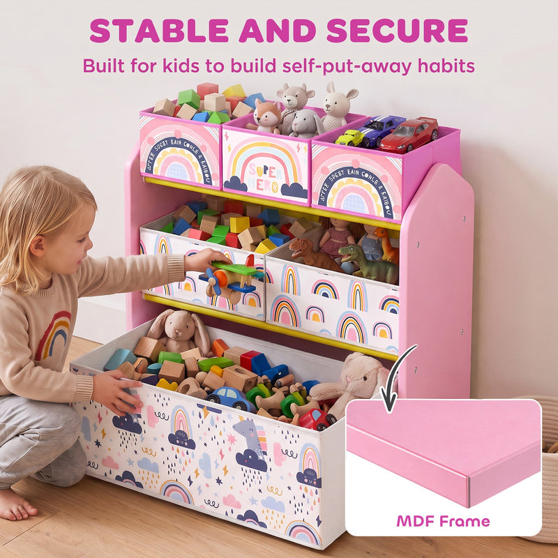 Child lifting out the large bin of the pink toy rack with an MDF frame callout